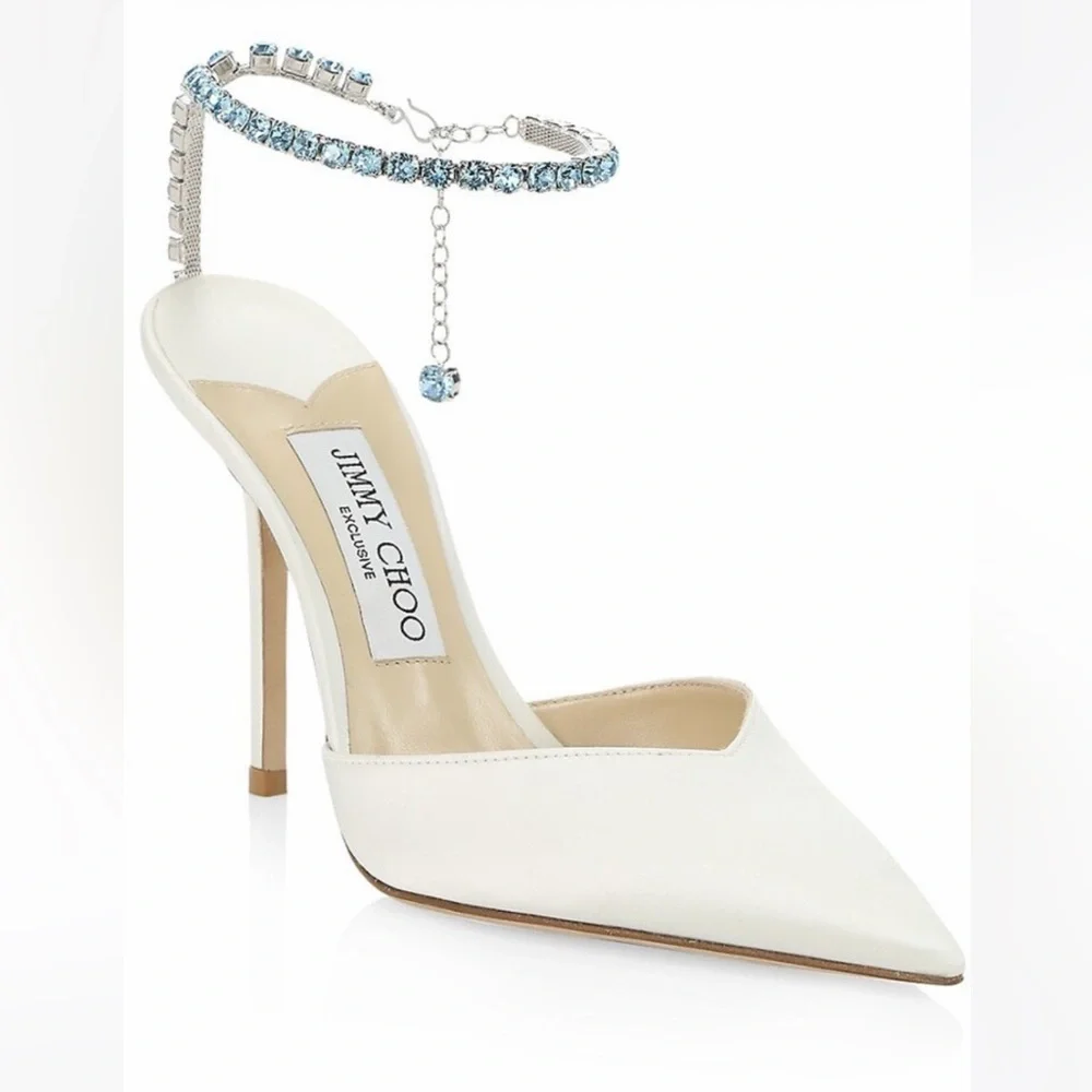 Jimmy Choo White Pointed Toe Crystal-Ankle Strap Stiletto Heels
